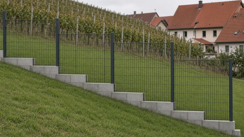 Doppelstabmattenzaun am Hang, in Stufen gesetzt, mit Betonsockelsteinen