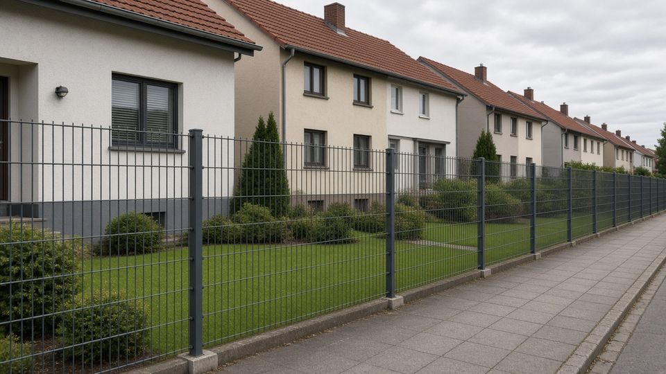 Neuer Gittermattenzaun vor einer Reihenhauszeile (KI-generiertes Symbolbild)